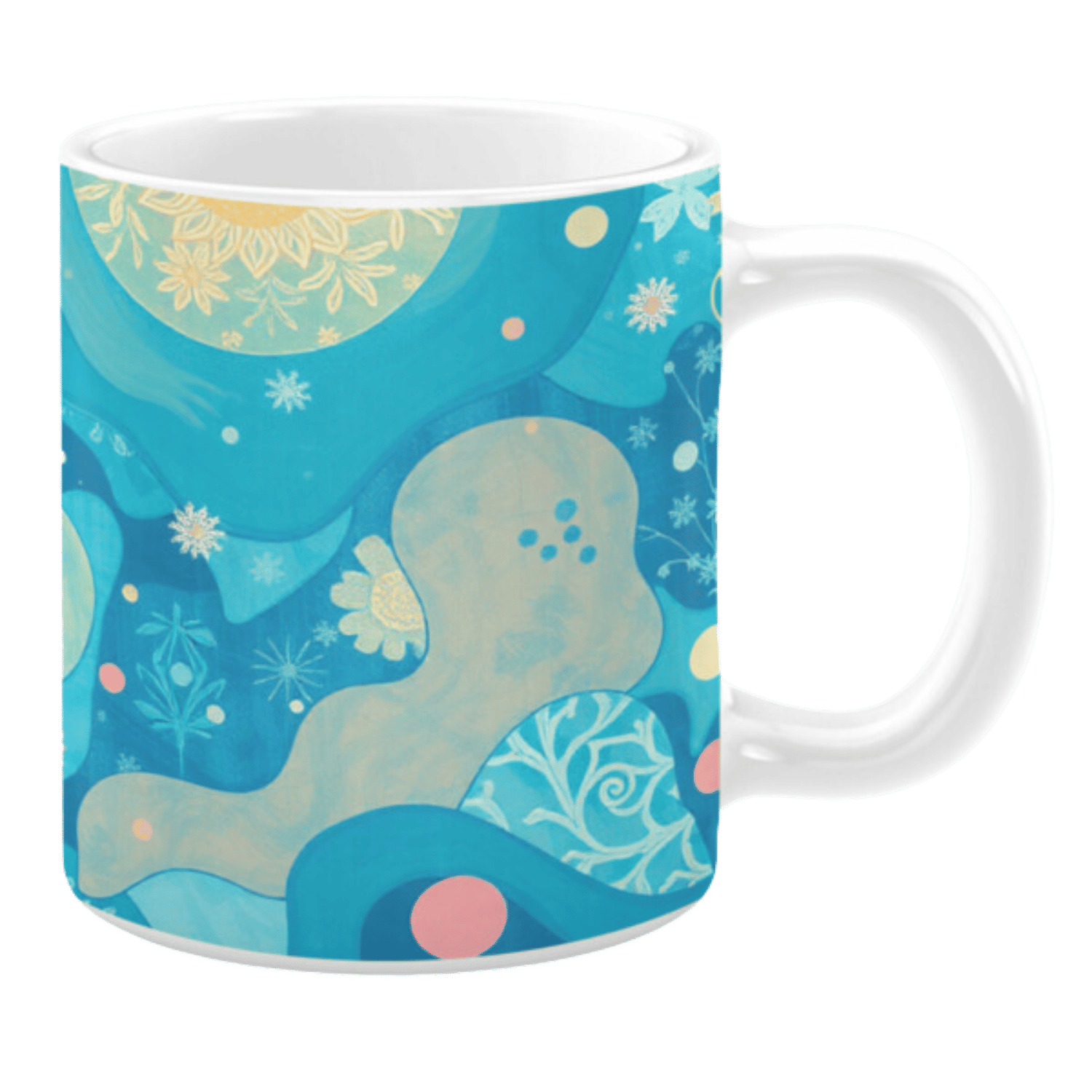White ceramic mug featuring a soothing abstract design with flowing blue and teal shapes, accented by delicate floral patterns, snowflakes, and soft pink and yellow circles, evoking a calm and whimsical atmosphere.