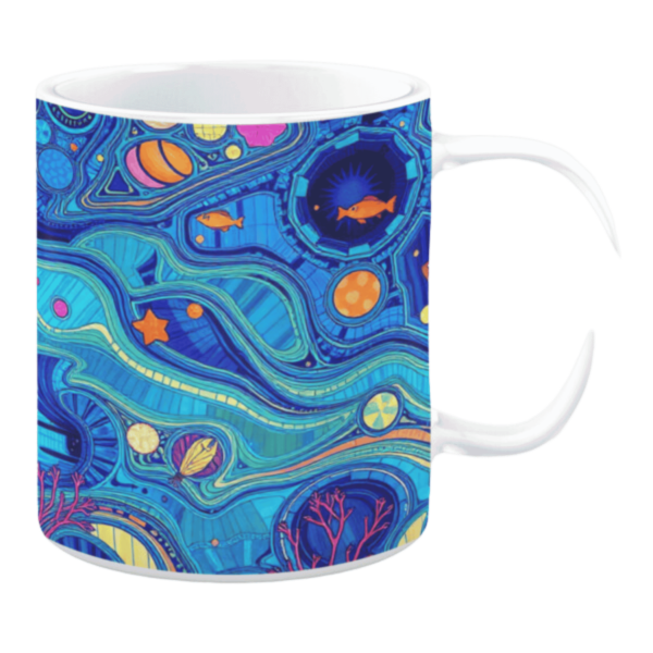 White ceramic mug featuring a vibrant abstract underwater design with swirling blue waves, golden fish, starfish, and intricate circular patterns resembling coral and seashells, creating a lively and artistic aquatic scene.