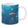 White ceramic mug featuring an enchanting underwater scene with a golden fish swimming amidst colorful coral branches, delicate sea plants, and abstract shapes in shades of blue, pink, and yellow, evoking a peaceful aquatic vibe.