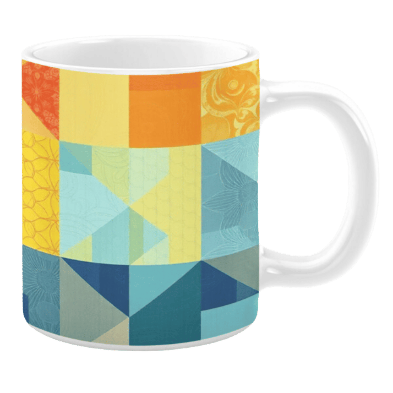 Colorful ceramic mug with geometric patterns in blue, yellow, and orange tones