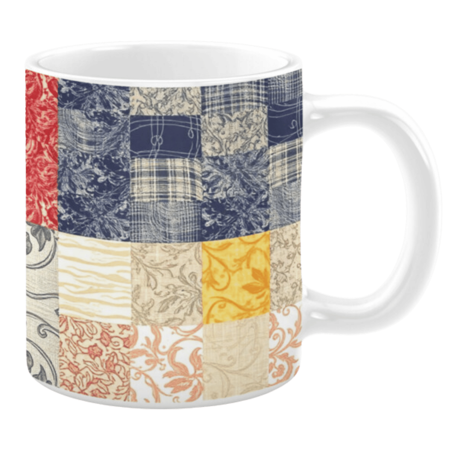 Colorful ceramic mug with patchwork patterns in blue, red, yellow, and beige tones