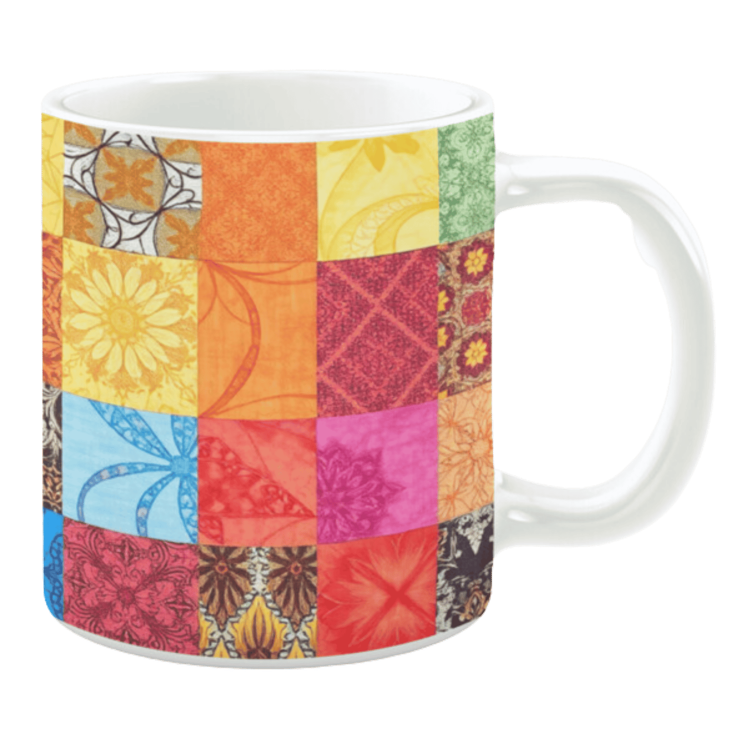 Colorful ceramic mug with patchwork floral and geometric patterns in bright tones