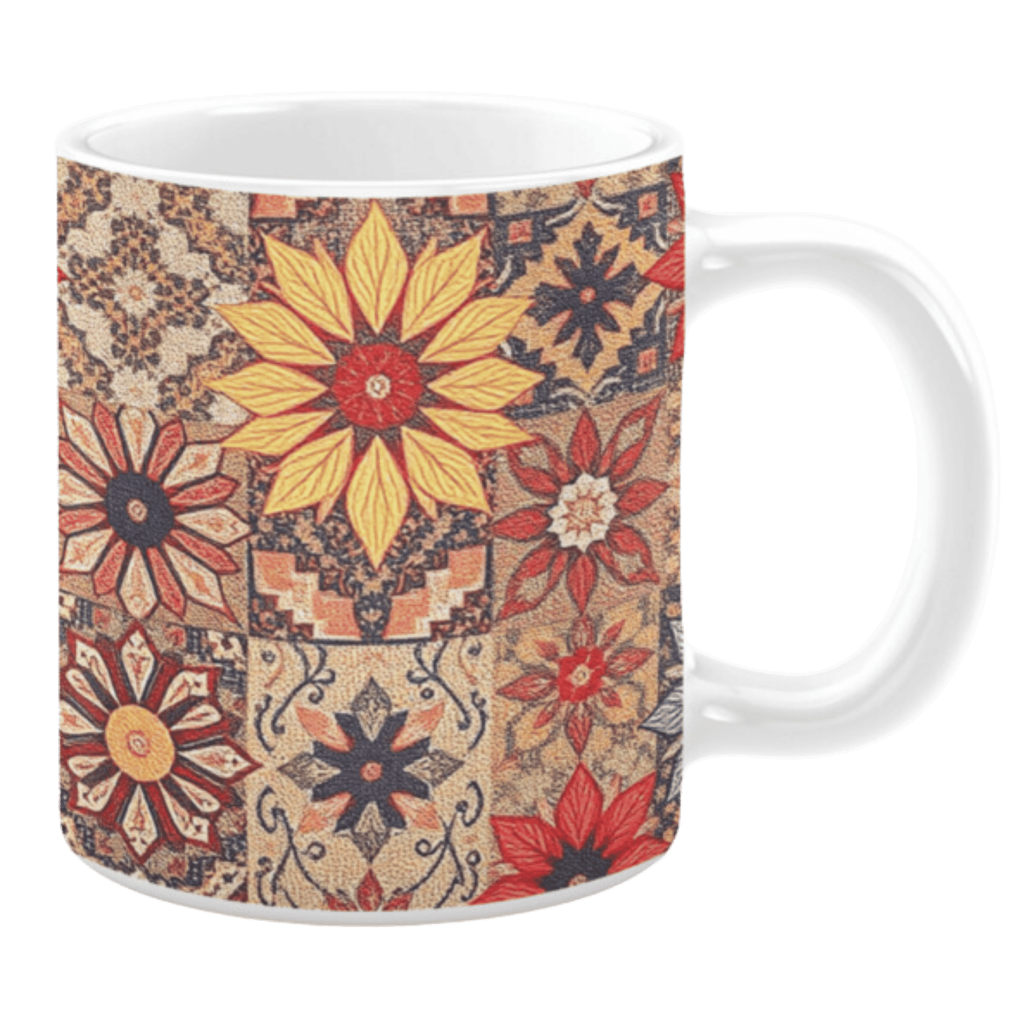 Colorful ceramic mug with floral and tapestry-inspired patterns in red, yellow, and beige tones