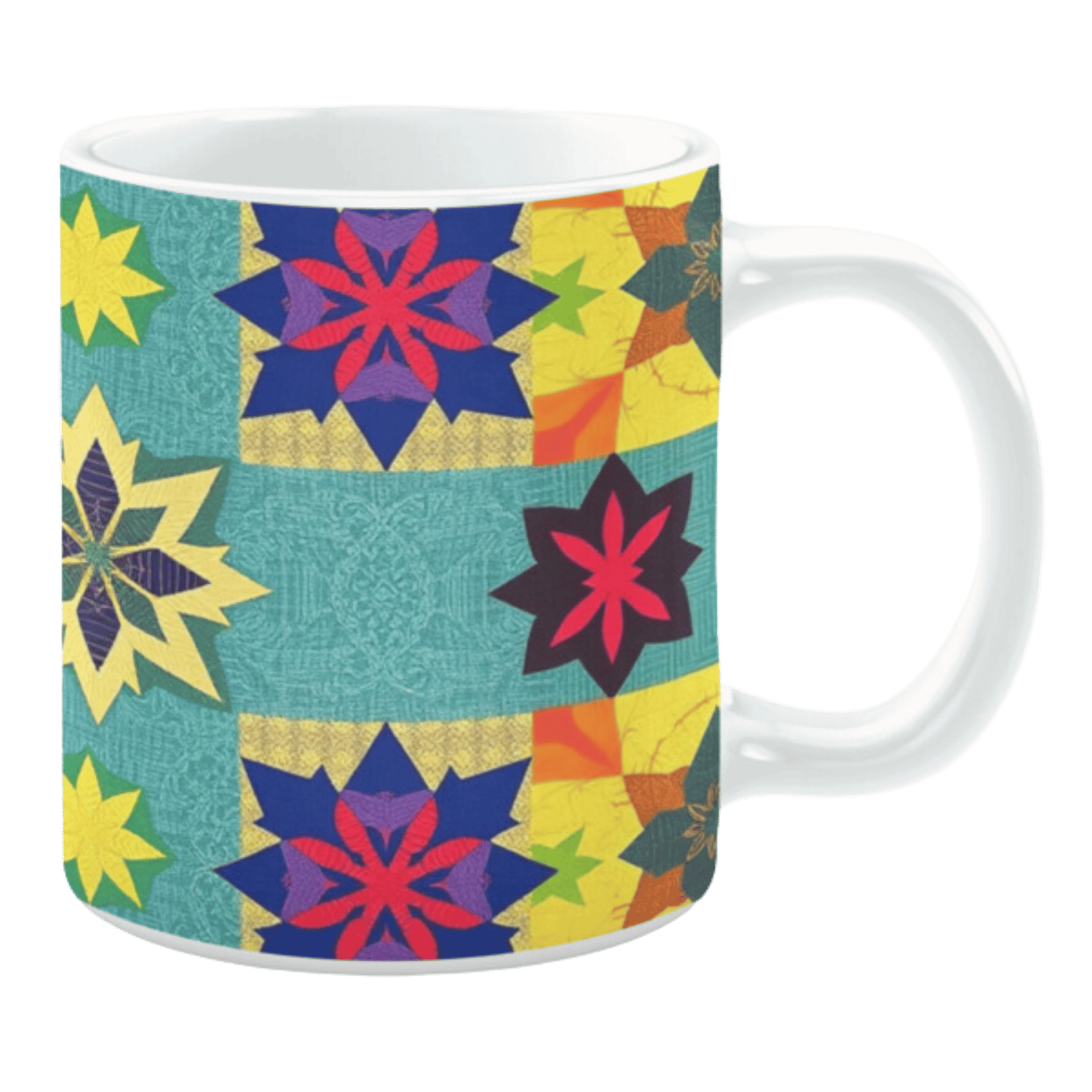 Colorful ceramic mug with geometric star patterns in blue, yellow, red, and green tones