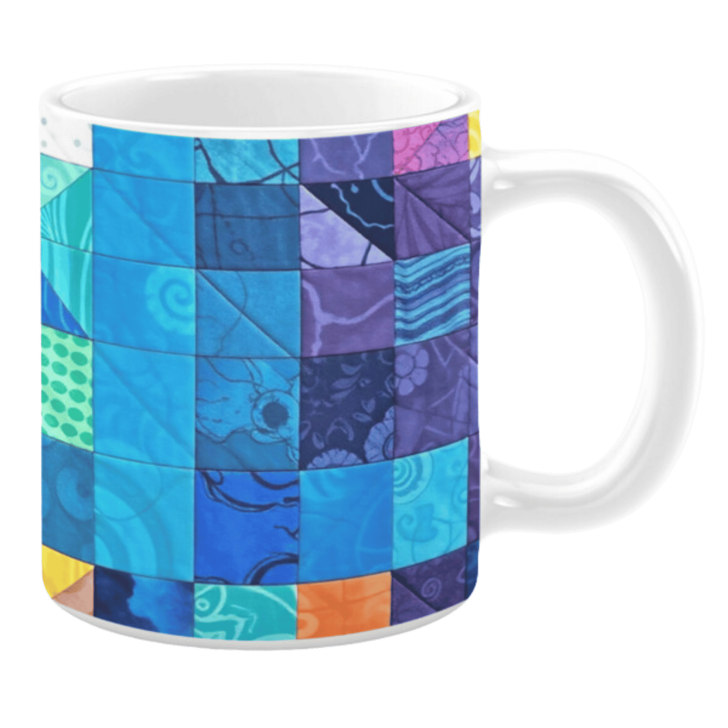 Colorful ceramic mug with patchwork patterns in blue, purple, and orange tones