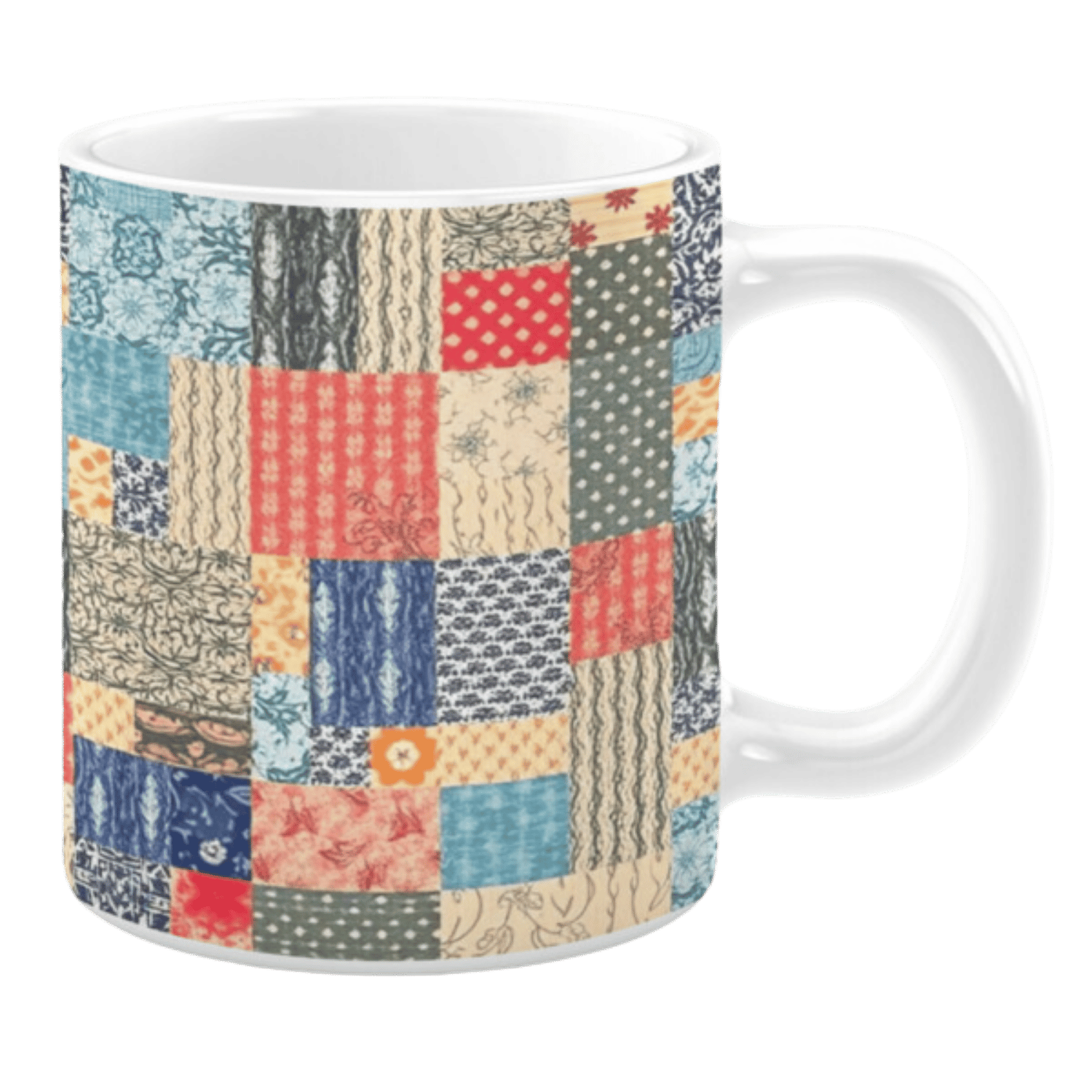 Colorful ceramic mug with patchwork patterns in red, blue, beige, and green tones
