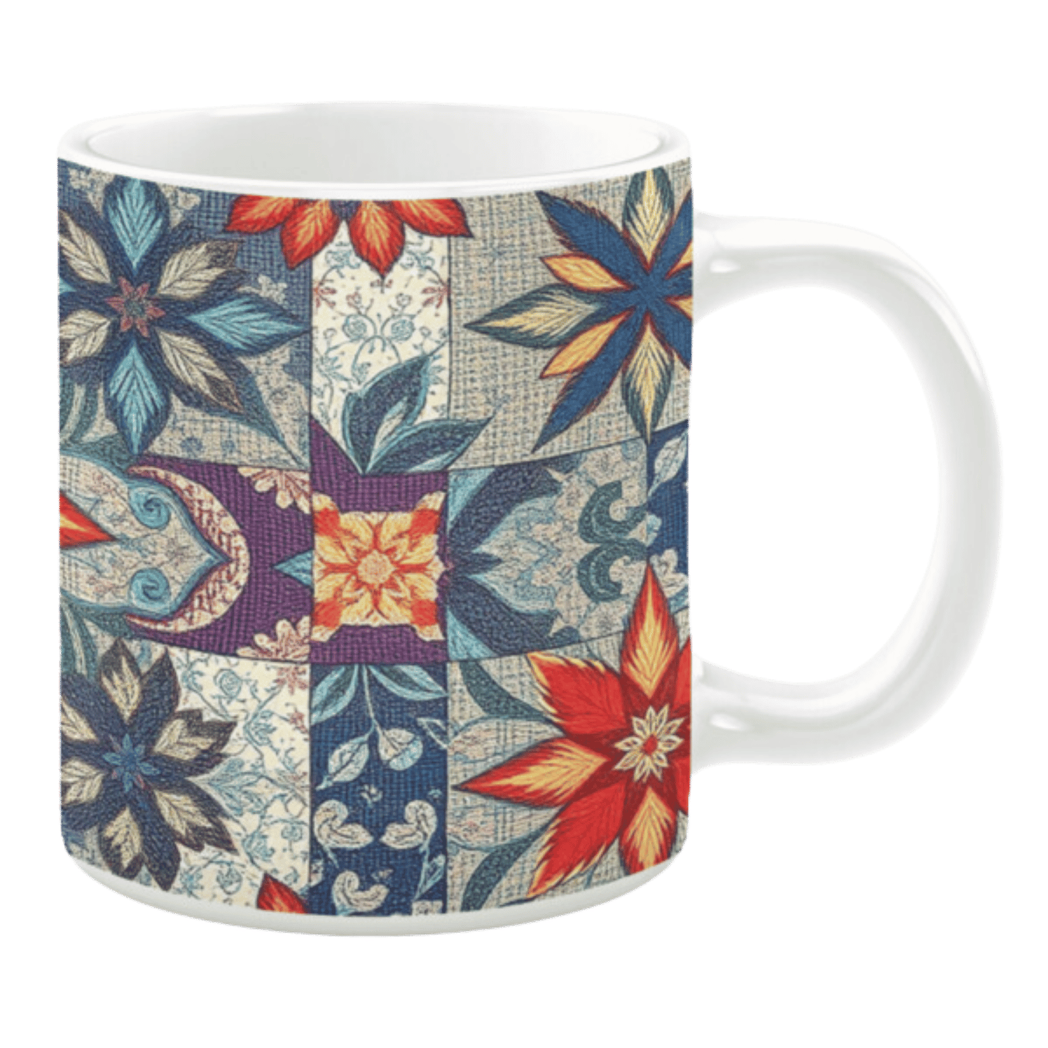 Colorful ceramic mug with floral quilt-inspired patterns in blue, red, and beige tones