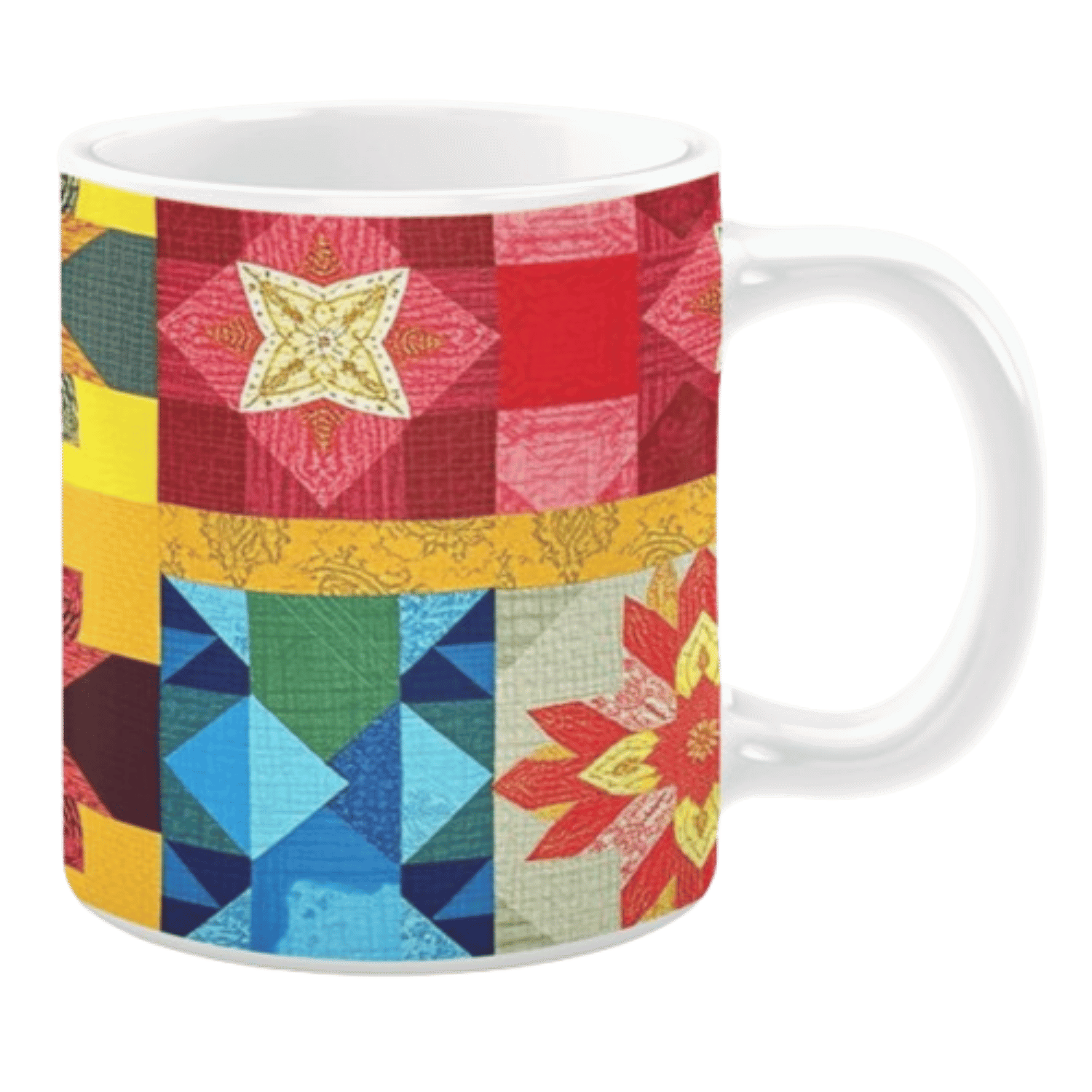 Colorful ceramic mug with quilt-inspired geometric and floral patterns in red, yellow, blue, and green tones