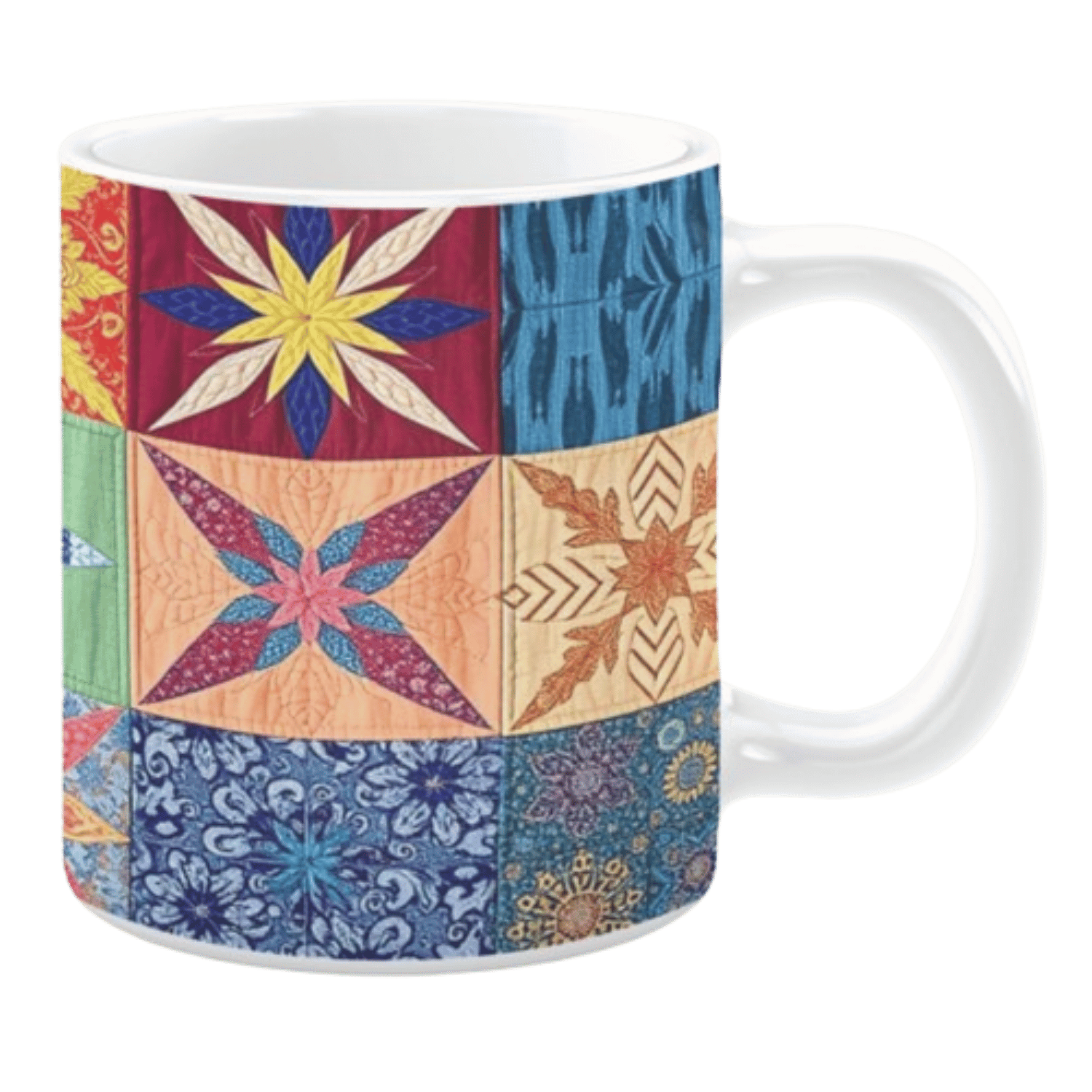 Colorful ceramic mug with quilt-inspired star and floral patterns