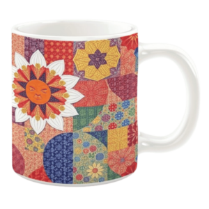 Colorful ceramic mug with sun face and geometric floral patterns