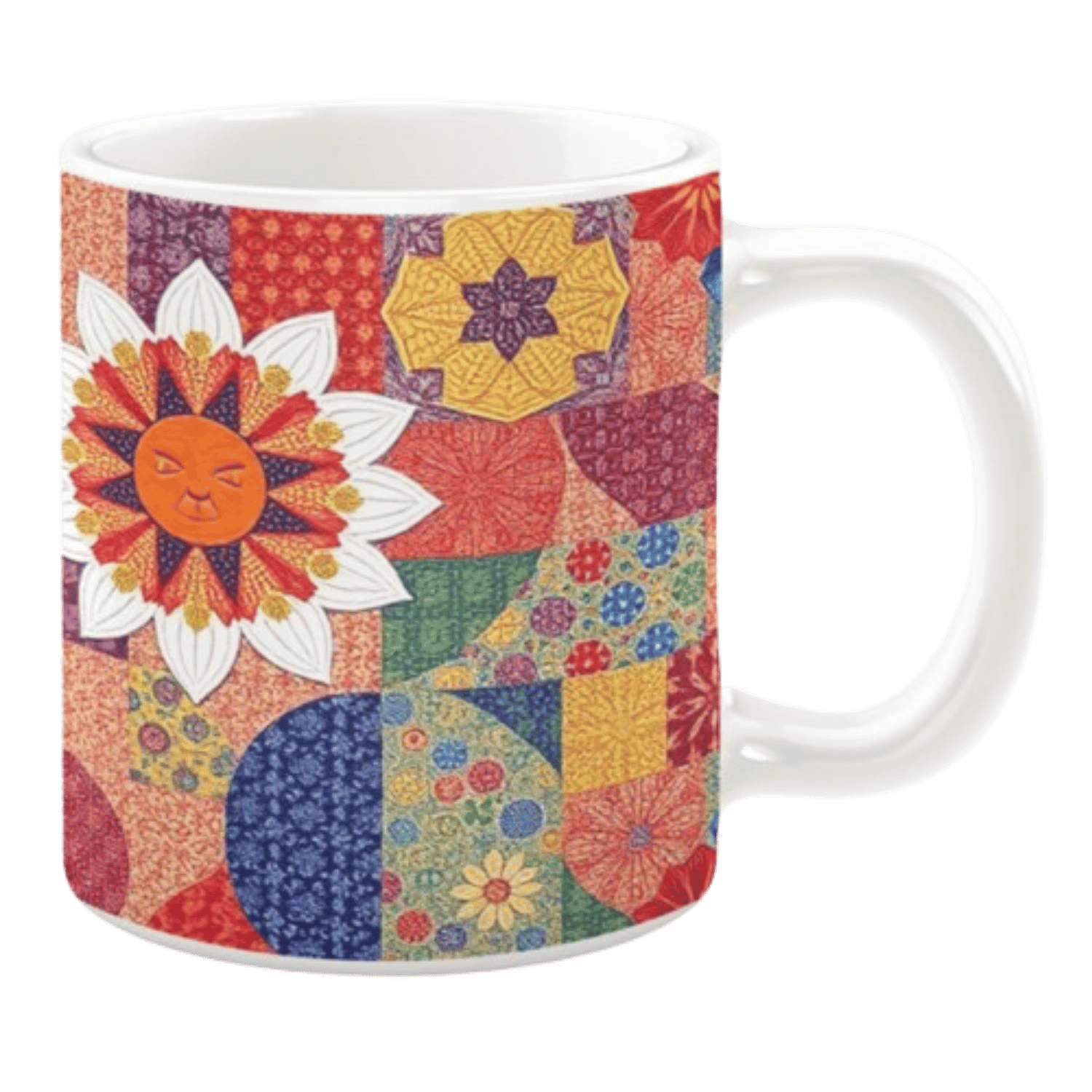 Colorful ceramic mug with sun face and geometric floral patterns