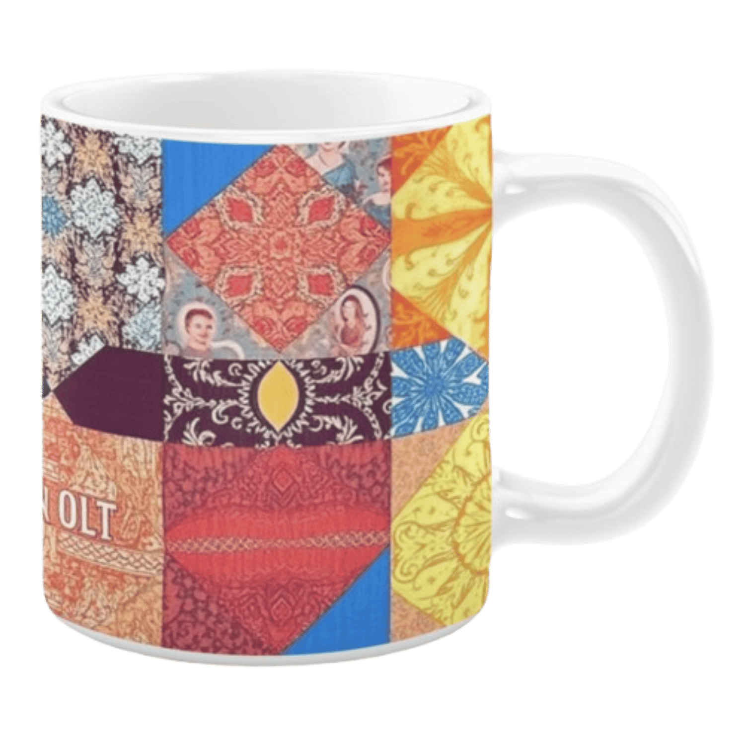Colorful ceramic mug with quilt-inspired patterns in red, blue, yellow, and orange tones