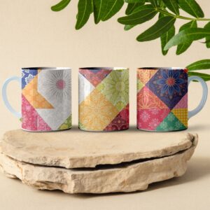 patchwork coffee mug design with neutral colors