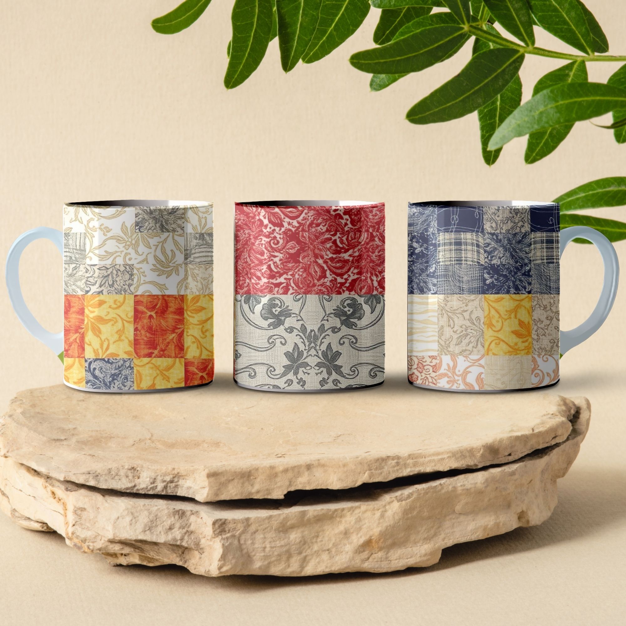 patchwork quilt coffee mug design