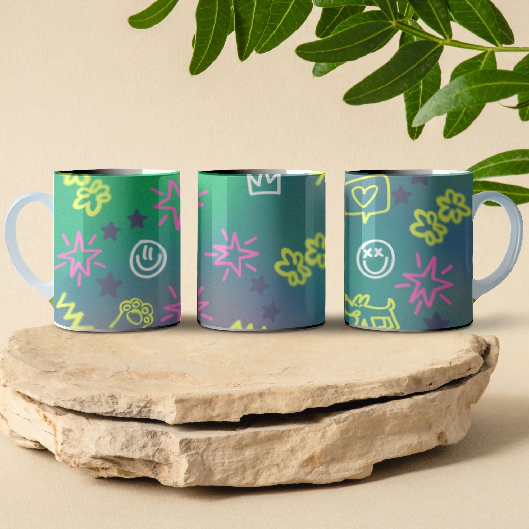 neon doodles coffee mug design