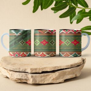 green and red patchwork coffee mug design
