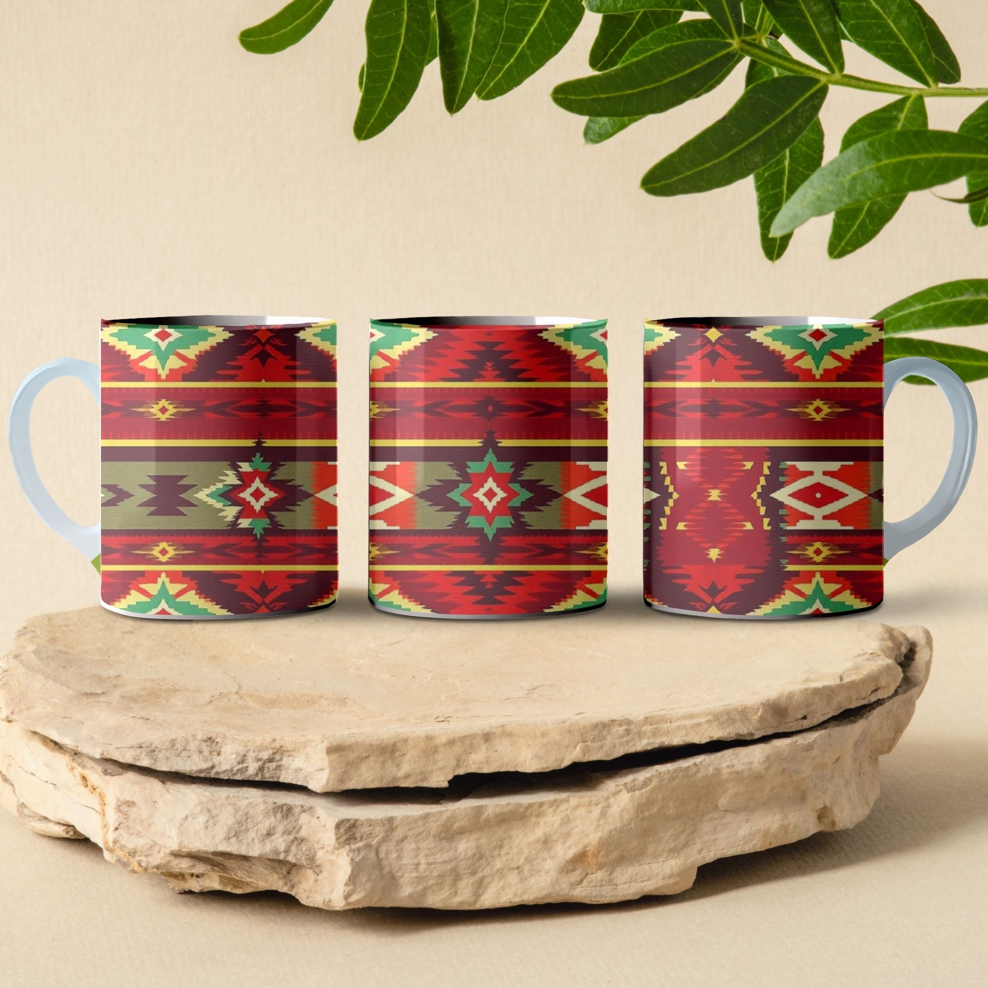 red and green desert patchwork coffee mug design