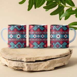 red and blue desert patchwork coffee mug design