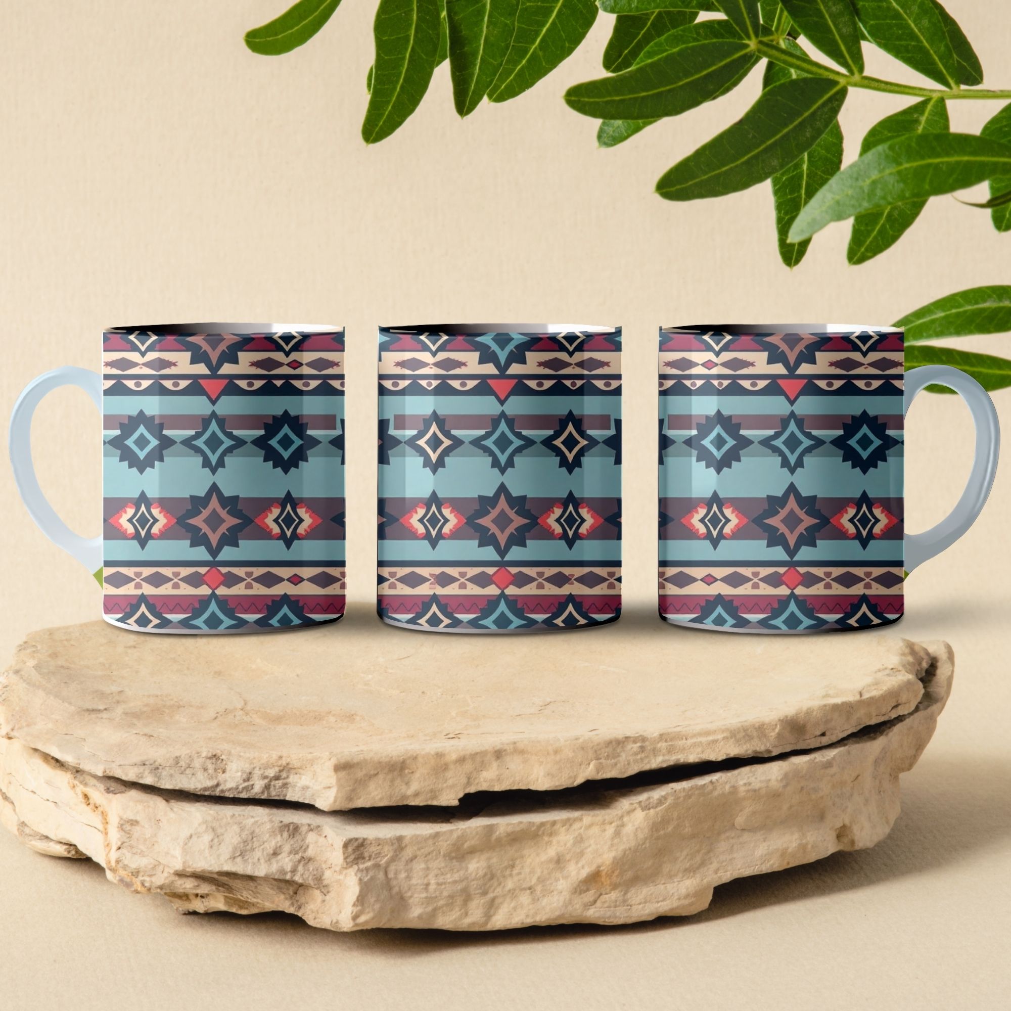 blue red and white desert diamond back patchwork coffee mug design