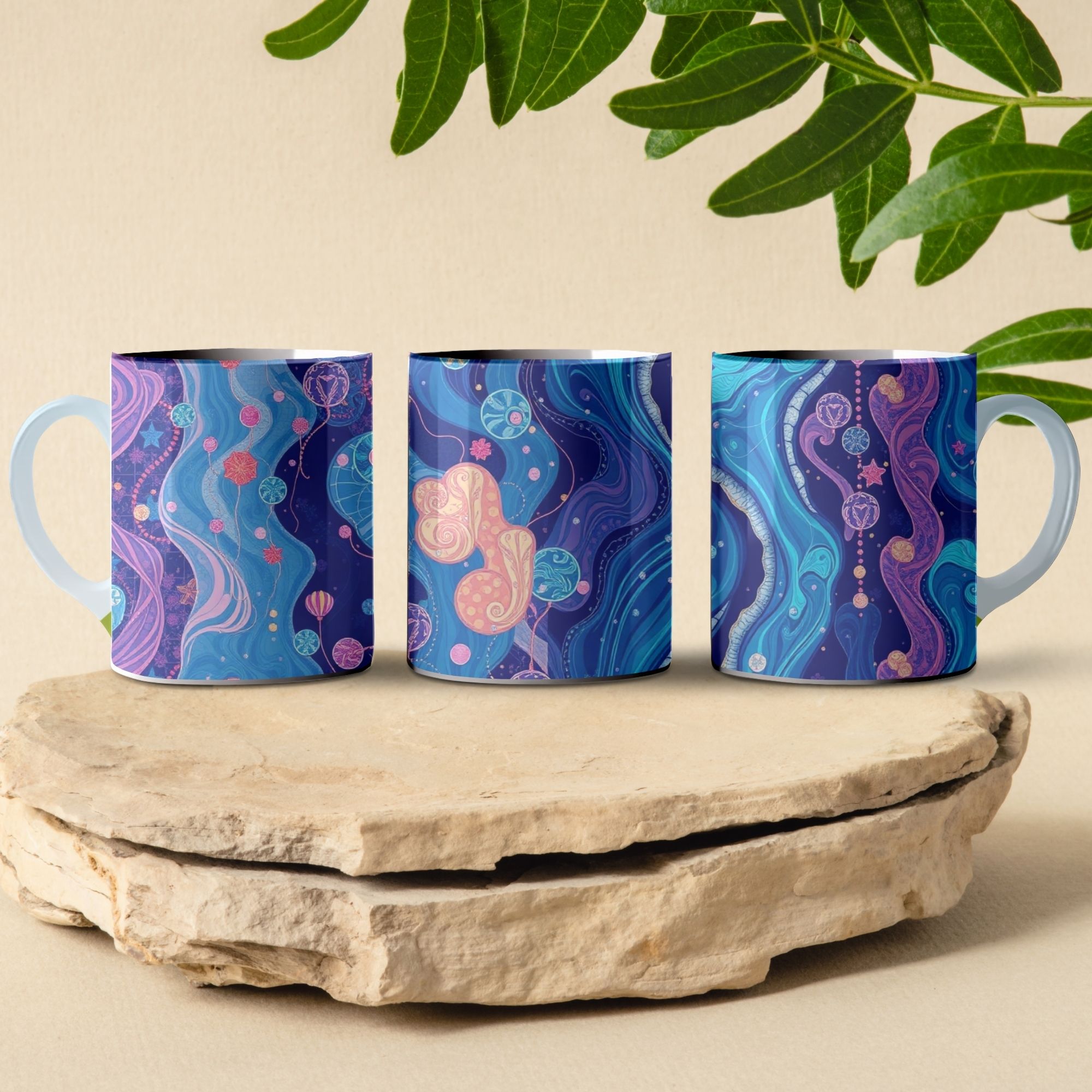 vibrant deep sea wild life artistic impression full wrap coffee mug design