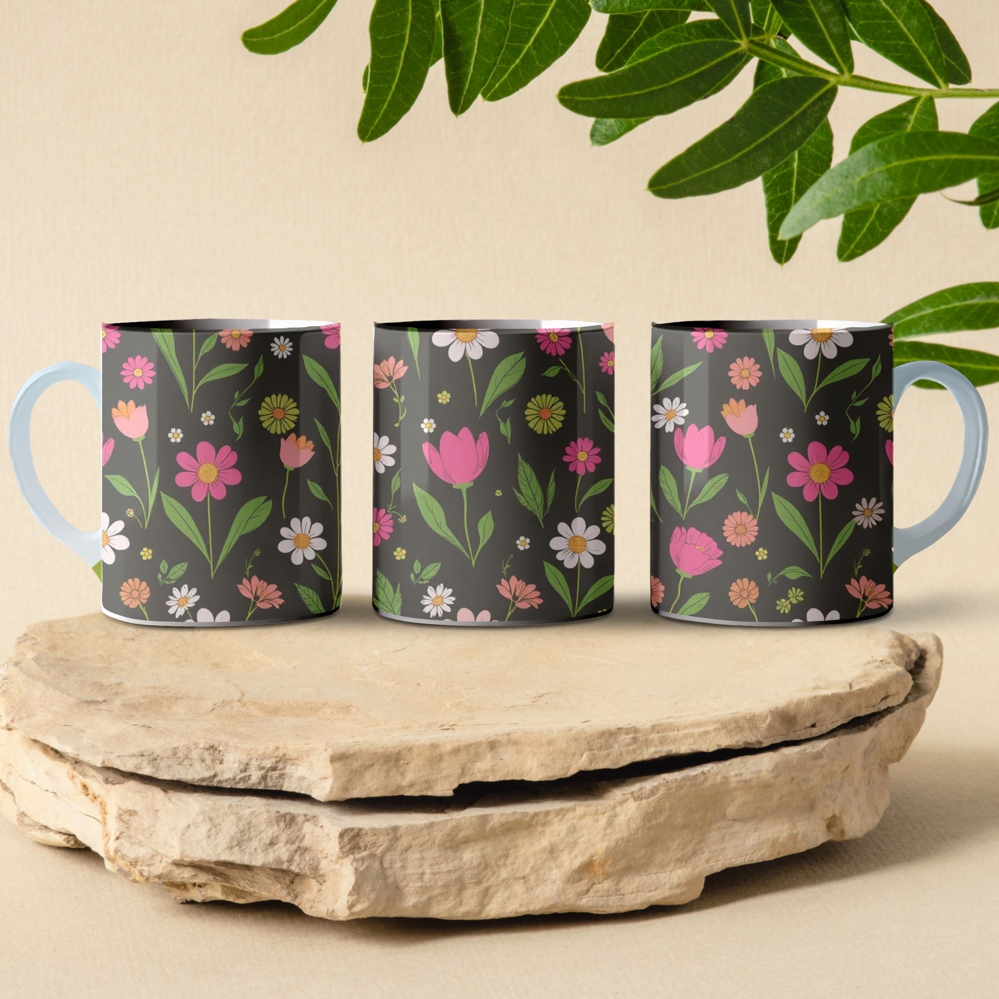 sunflower and tulip pattern coffee mug design